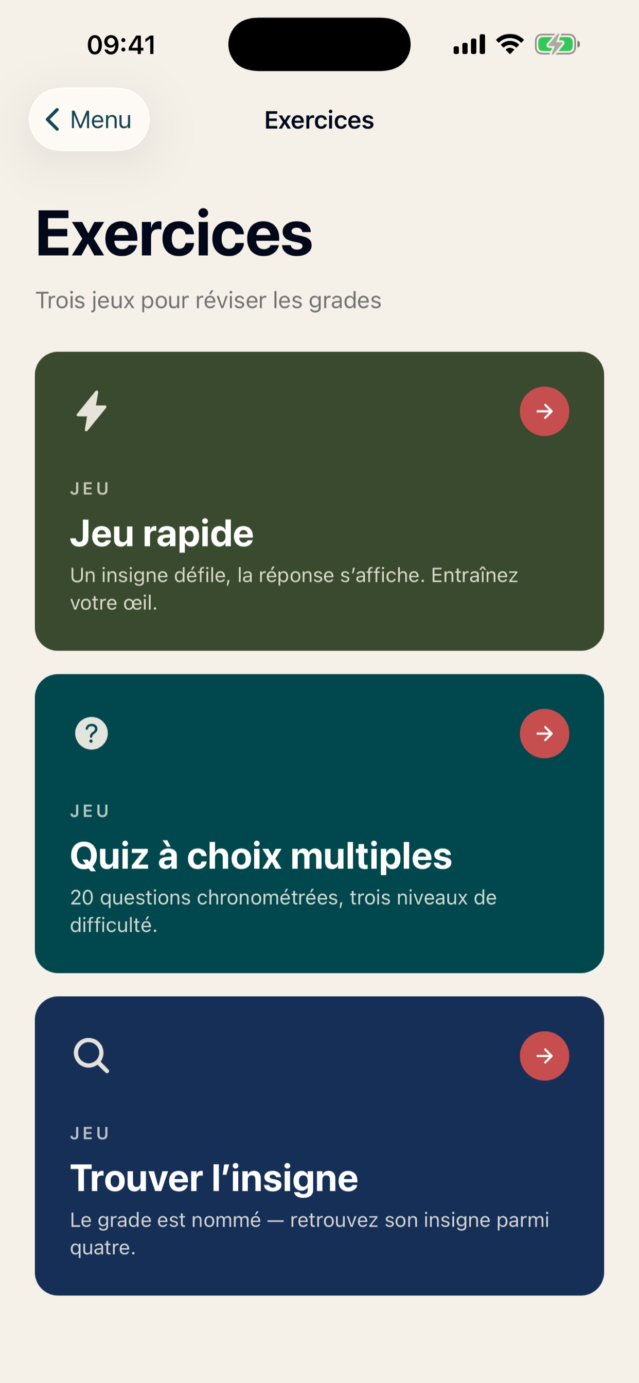 Les trois exercices : jeu rapide, quiz à choix multiples et trouver l'insigne