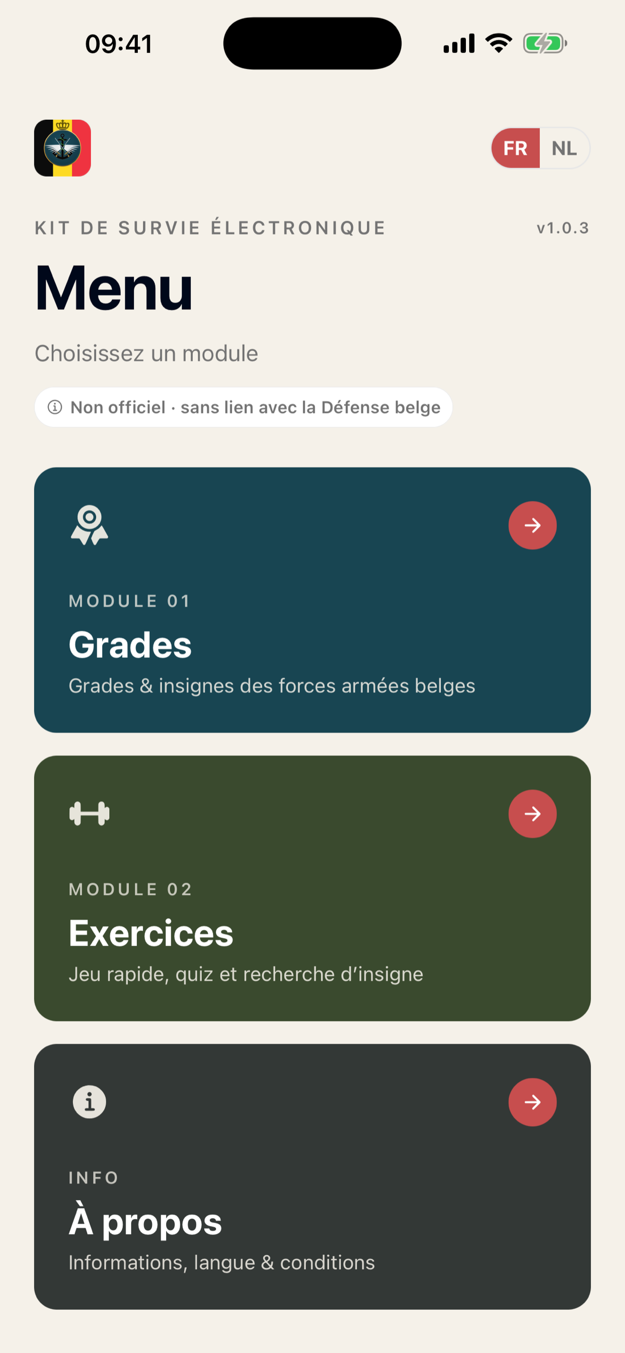 Menu de l'application : modules Grades, Exercices et À propos