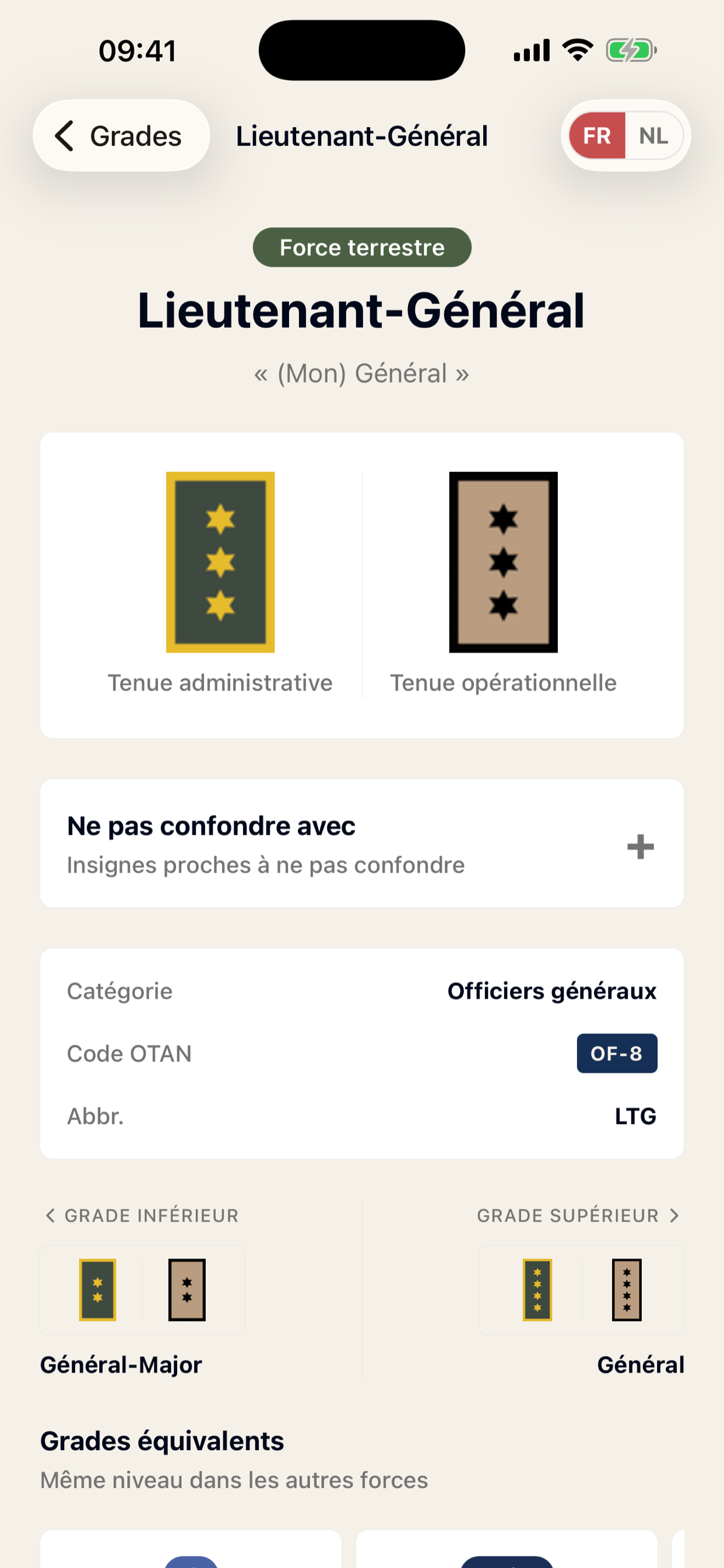 Fiche du grade Lieutenant-Général : insignes, code OTAN, grades voisins et équivalents