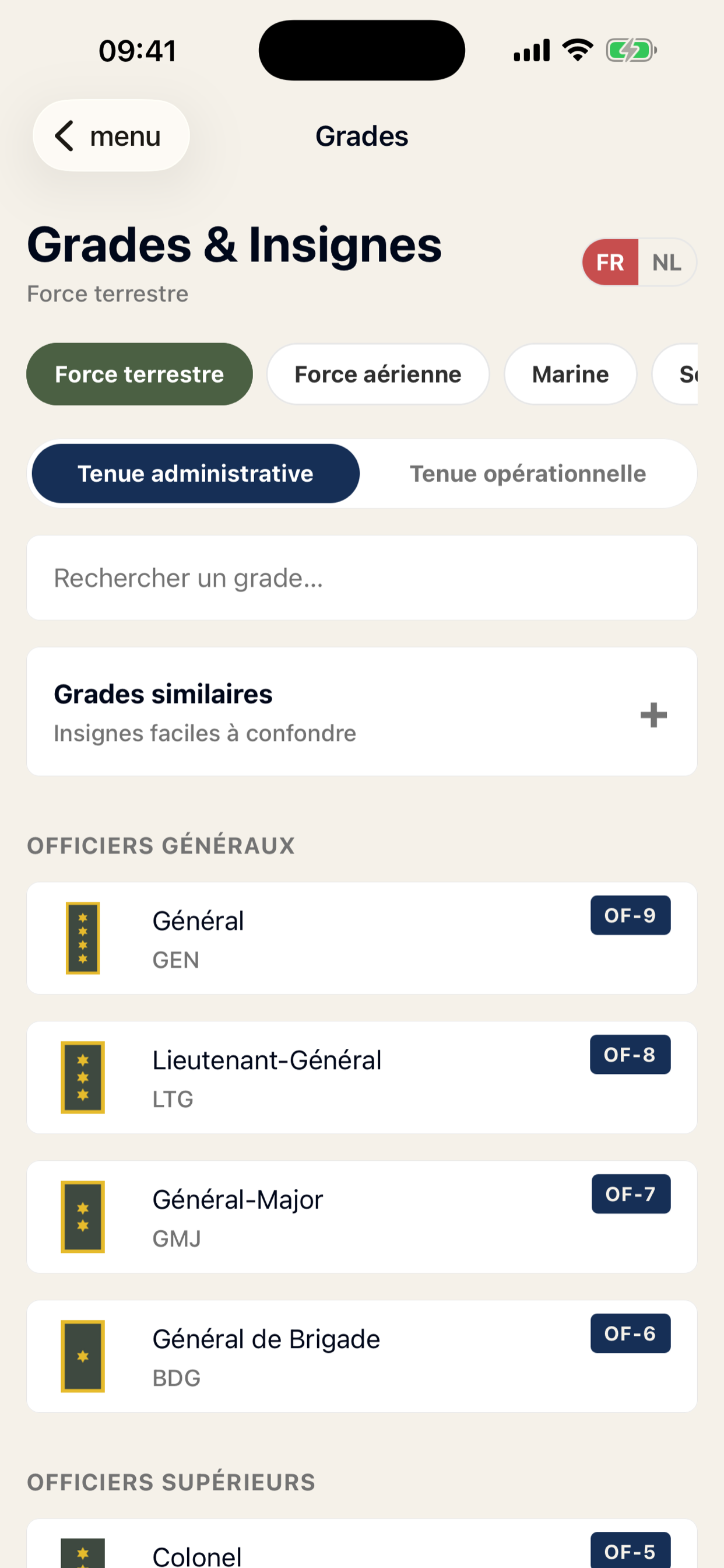 Liste des grades de la Force terrestre avec insignes, abréviations et codes OTAN