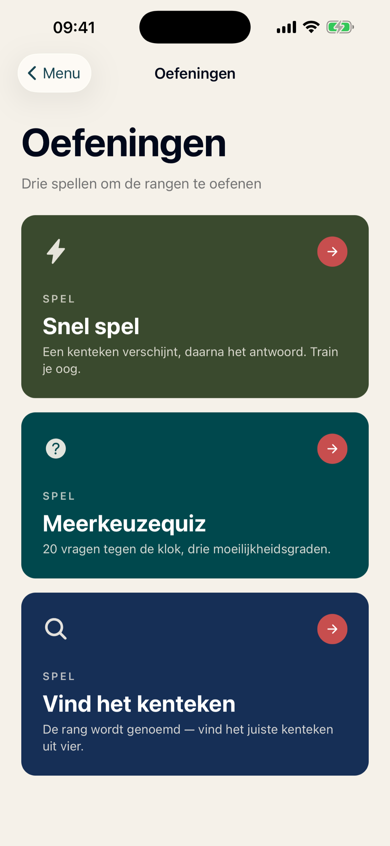 De drie oefeningen: snel spel, meerkeuzequiz en vind het kenteken