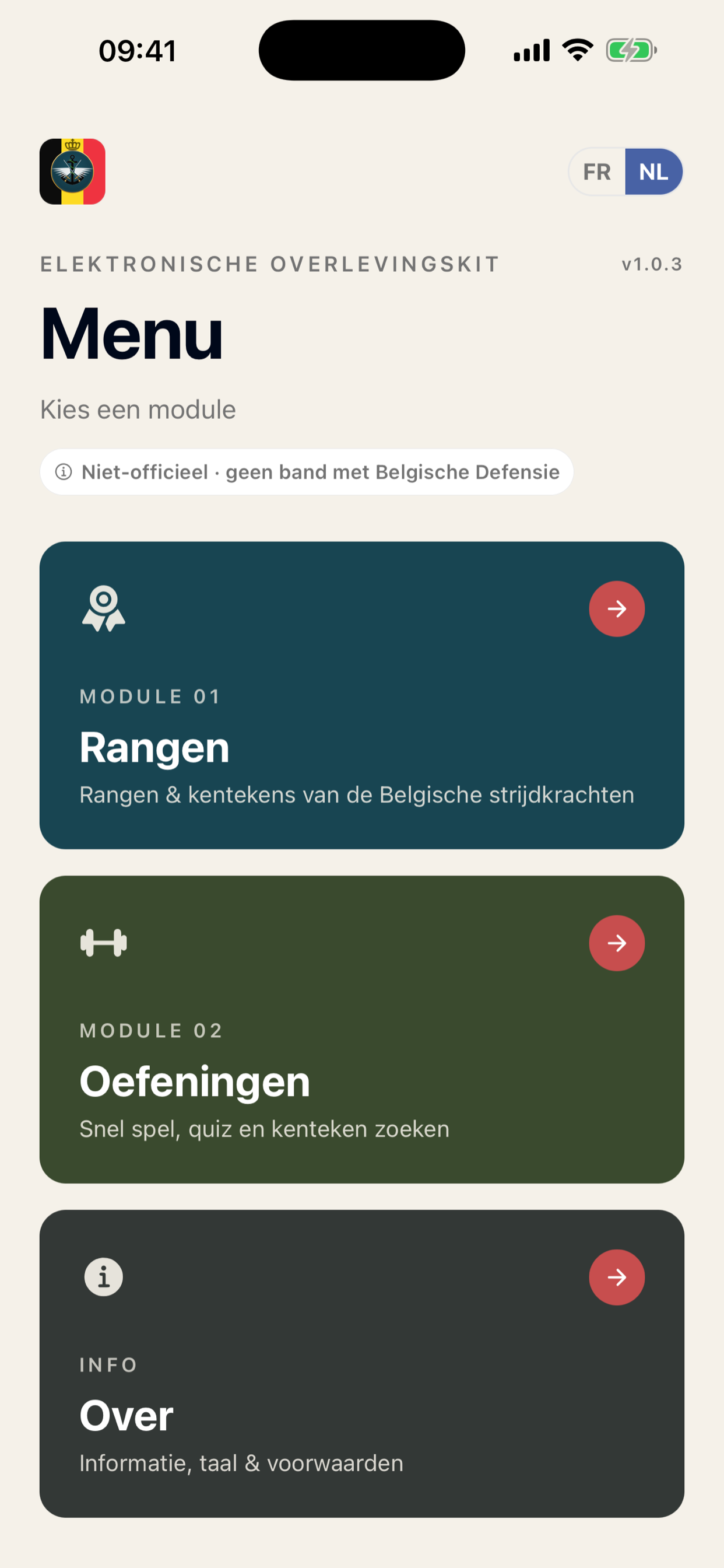 Menu van de app: modules Rangen, Oefeningen en Over