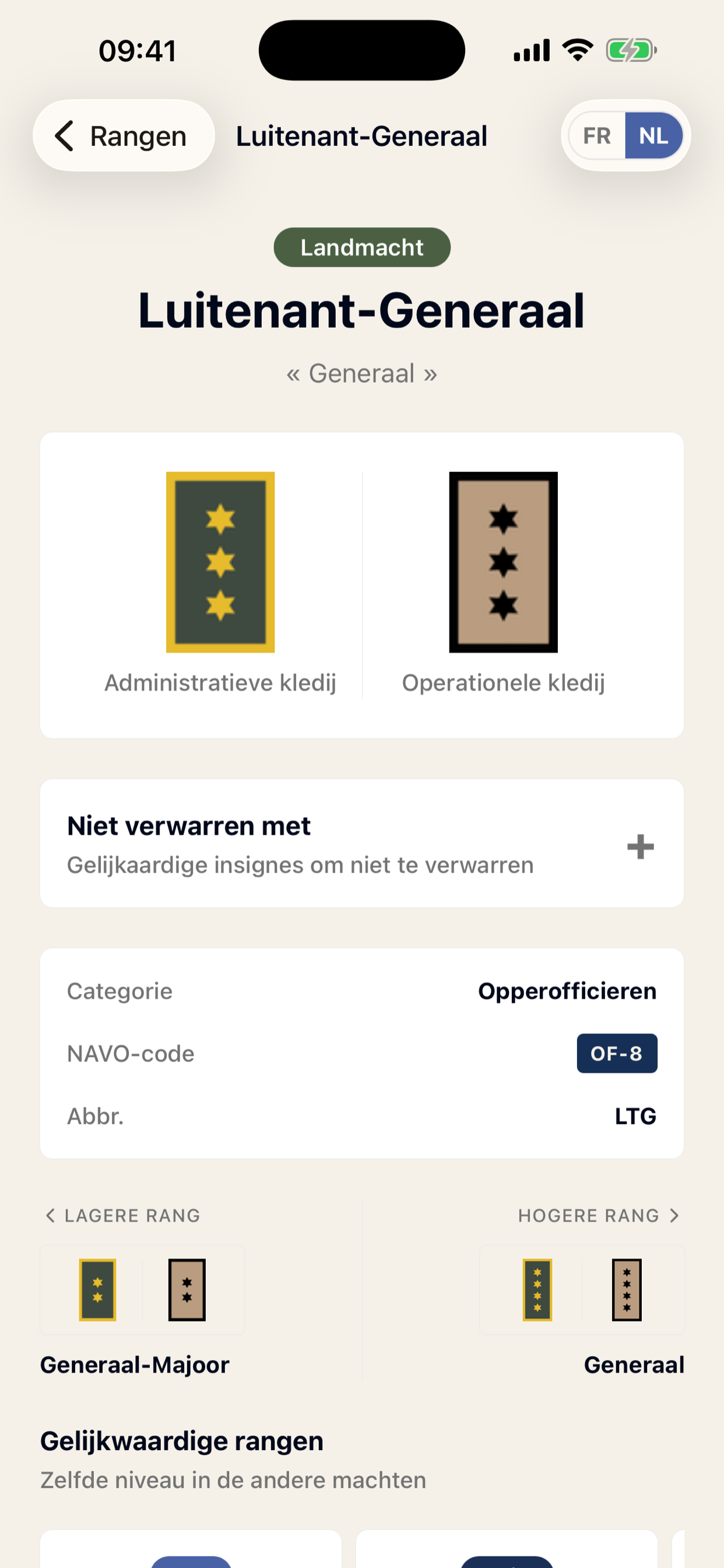 Detailfiche van de rang Luitenant-Generaal: kentekens, NAVO-code en aangrenzende rangen